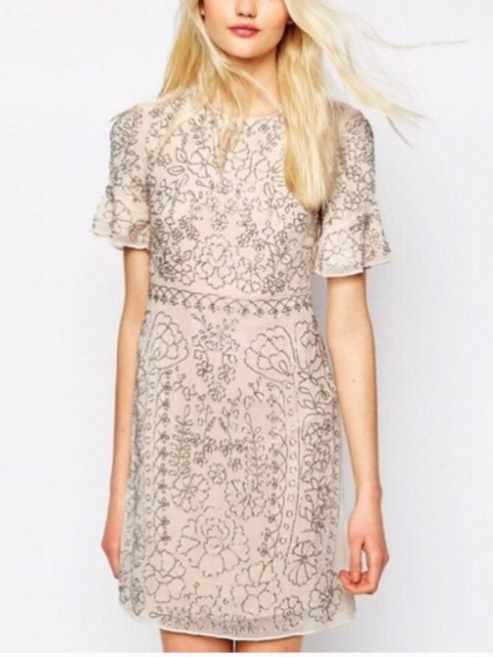 Needle & Thread Floral Beaded Blush Pink Chiffon Mini Dress sz 6